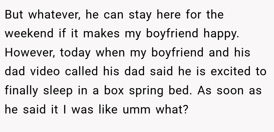 But whatever, he can stay here for the weekend if it makes my boyfriend happy. However, today when my boyfriend and his dad video called his dad said he is excited to finally sleep in a box spring bed. As soon as he said it I was like umm what?