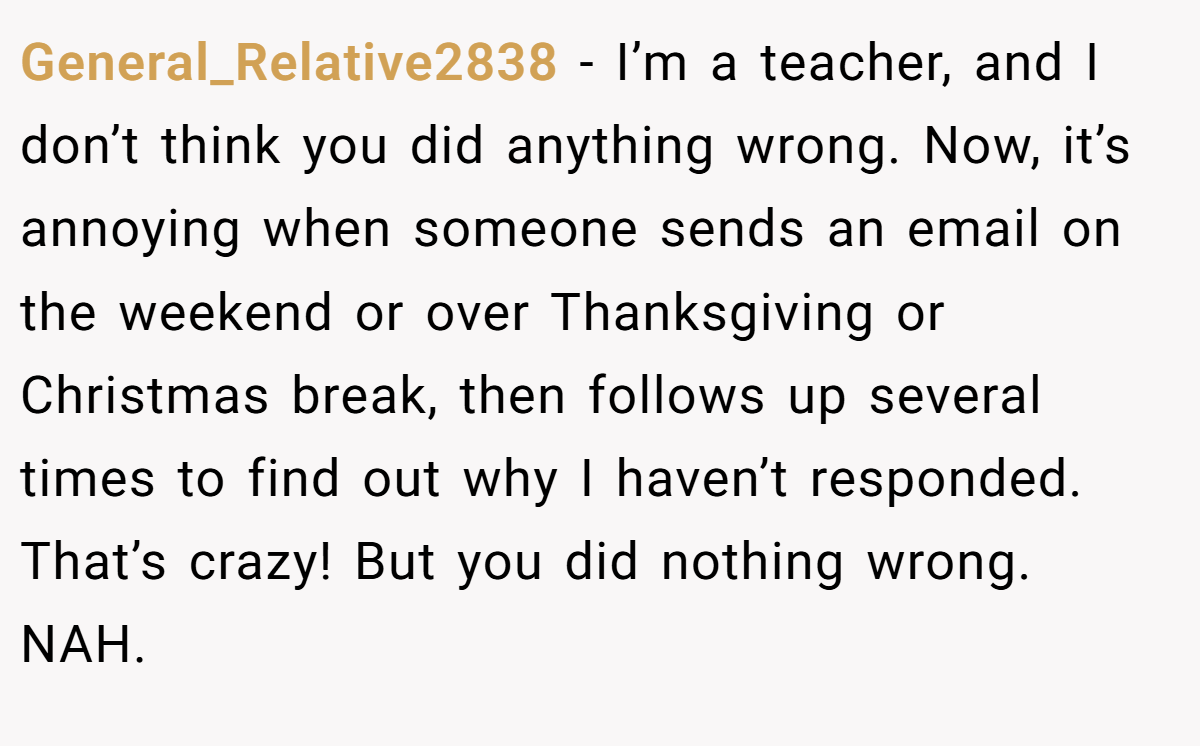 General_Relative2838 − I’m a teacher, and I don’t think you did anything wrong. Now, it’s annoying when someone sends an email on the weekend or over Thanksgiving or Christmas break, then follows up several times to find out why I haven’t responded. That’s crazy! But you did nothing wrong. NAH.