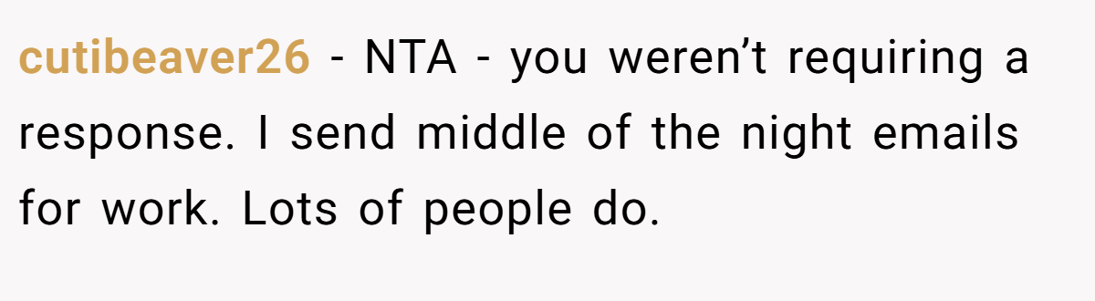 cutibeaver26 − NTA - you weren’t requiring a response. I send middle of the night emails for work. Lots of people do.