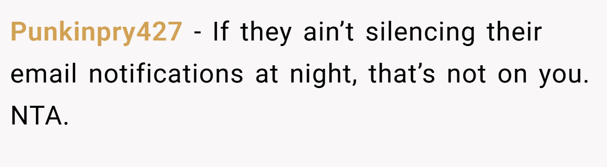 Punkinpry427 − If they ain’t silencing their email notifications at night, that’s not on you. NTA.