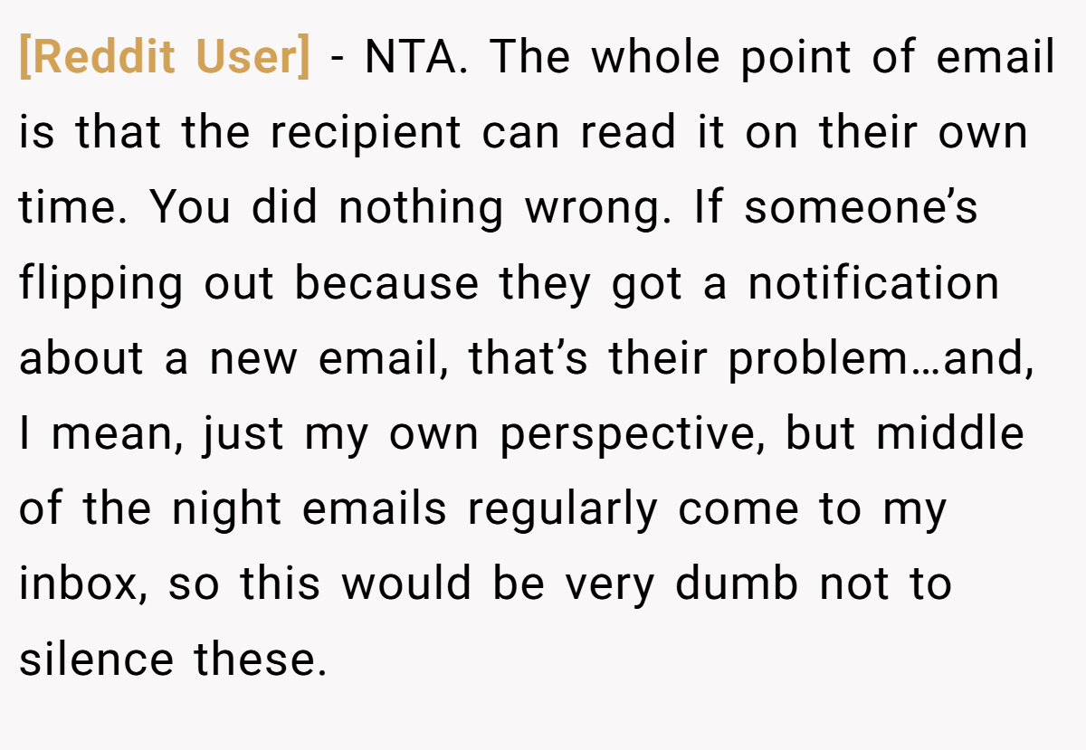 [Reddit User] − NTA. The whole point of email is that the recipient can read it on their own time. You did nothing wrong. If someone’s flipping out because they got a notification about a new email, that’s their problem…and, I mean, just my own perspective, but middle of the night emails regularly come to my inbox, so this would be very dumb not to silence these.