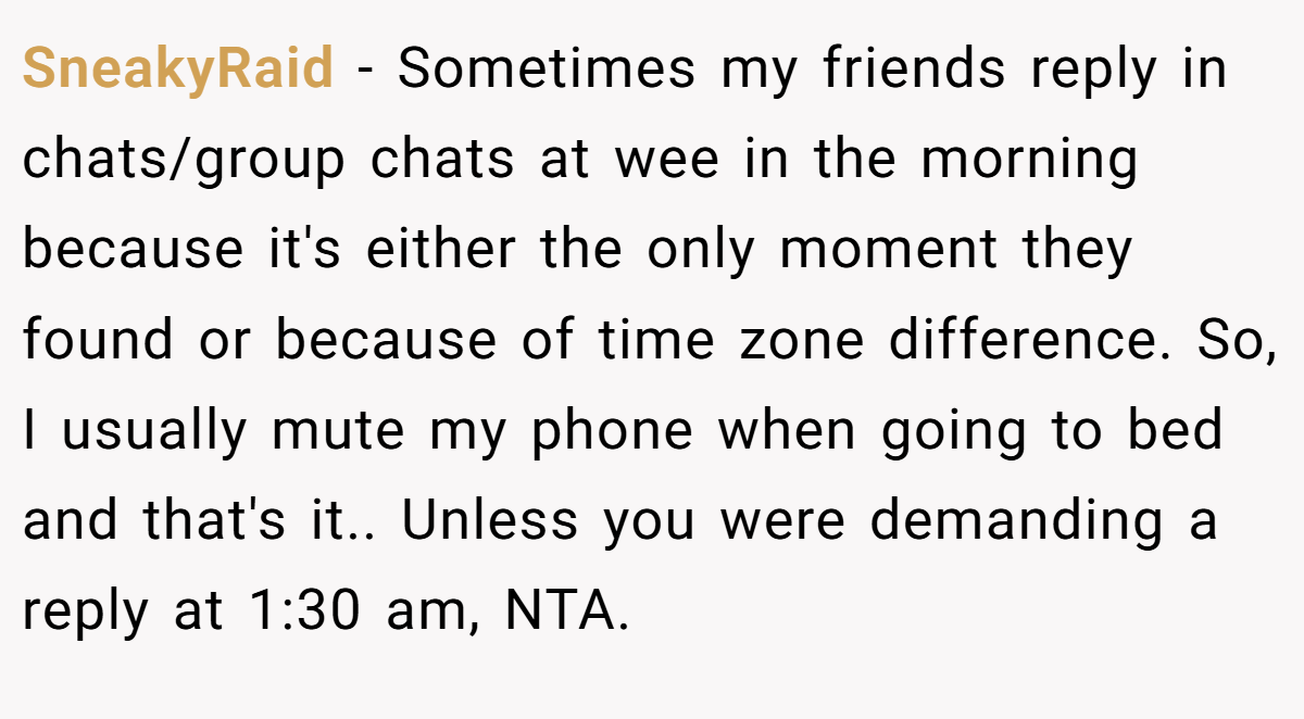 SneakyRaid − Sometimes my friends reply in chats/group chats at wee in the morning because it's either the only moment they found or because of time zone difference. So, I usually mute my phone when going to bed and that's it.. Unless you were demanding a reply at 1:30 am, NTA.