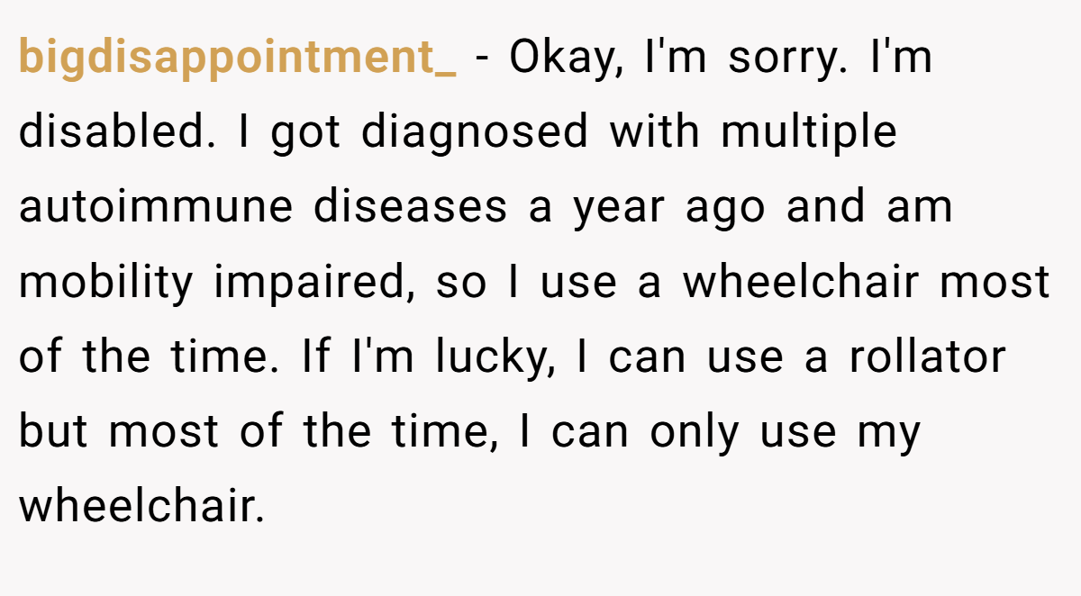 bigdisappointment_ − Okay, I'm sorry. I'm disabled. I got diagnosed with multiple autoimmune diseases a year ago and am mobility impaired, so I use a wheelchair most of the time. If I'm lucky, I can use a rollator but most of the time, I can only use my wheelchair.