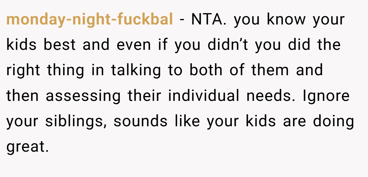 monday-night-fuckbal - NTA. you know your kids best and even if you didn’t you did the right thing in talking to both of them and then assessing their individual needs. Ignore your siblings, sounds like your kids are doing great.