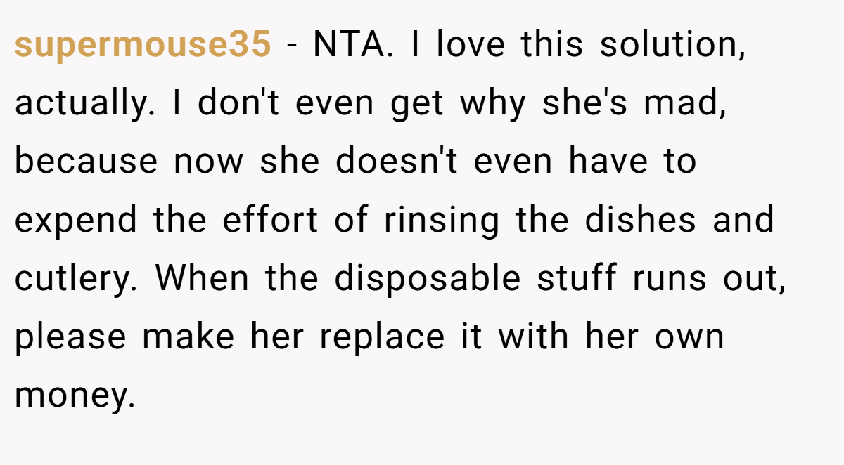supermouse35 − NTA. I love this solution, actually. I don't even get why she's mad, because now she doesn't even have to expend the effort of rinsing the dishes and cutlery. When the disposable stuff runs out, please make her replace it with her own money.