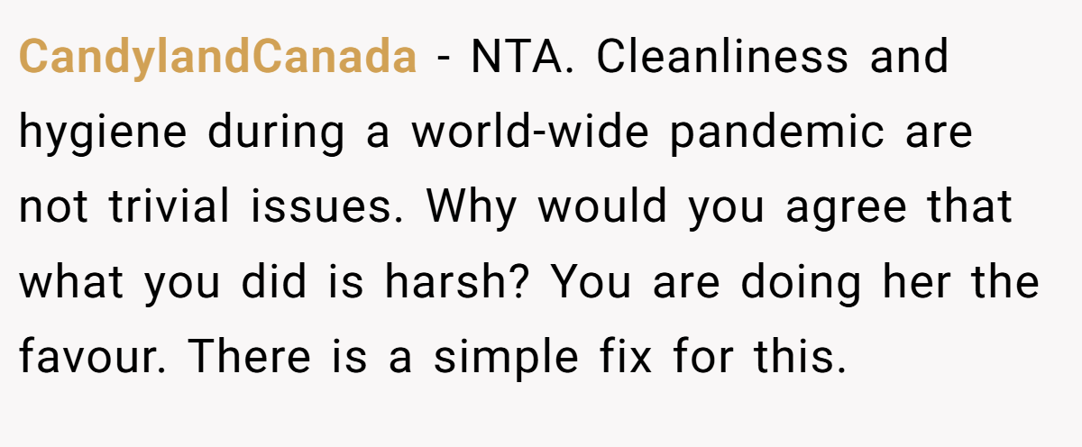 CandylandCanada − NTA. Cleanliness and hygiene during a world-wide pandemic are not trivial issues. Why would you agree that what you did is harsh? You are doing her the favour. There is a simple fix for this.