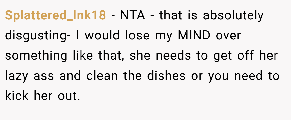 Splattered_Ink18 − NTA - that is absolutely disgusting- I would lose my MIND over something like that, she needs to get off her lazy ass and clean the dishes or you need to kick her out.