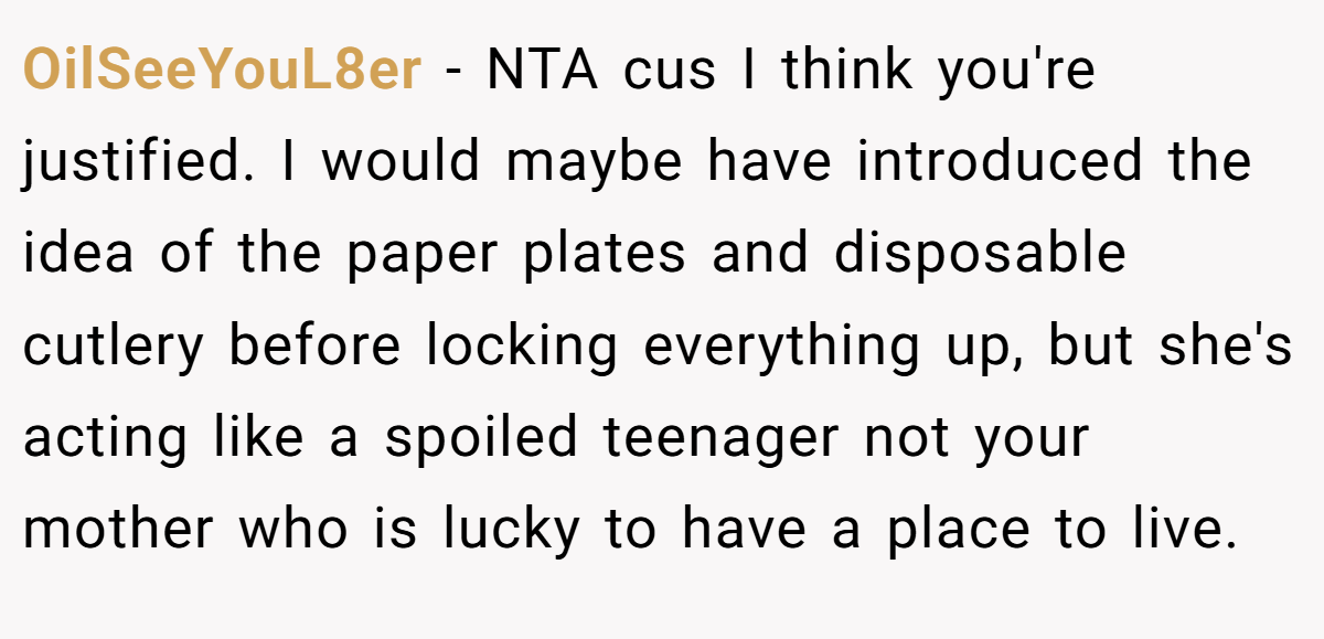 OilSeeYouL8er − NTA cus I think you're justified. I would maybe have introduced the idea of the paper plates and disposable cutlery before locking everything up, but she's acting like a spoiled teenager not your mother who is lucky to have a place to live.