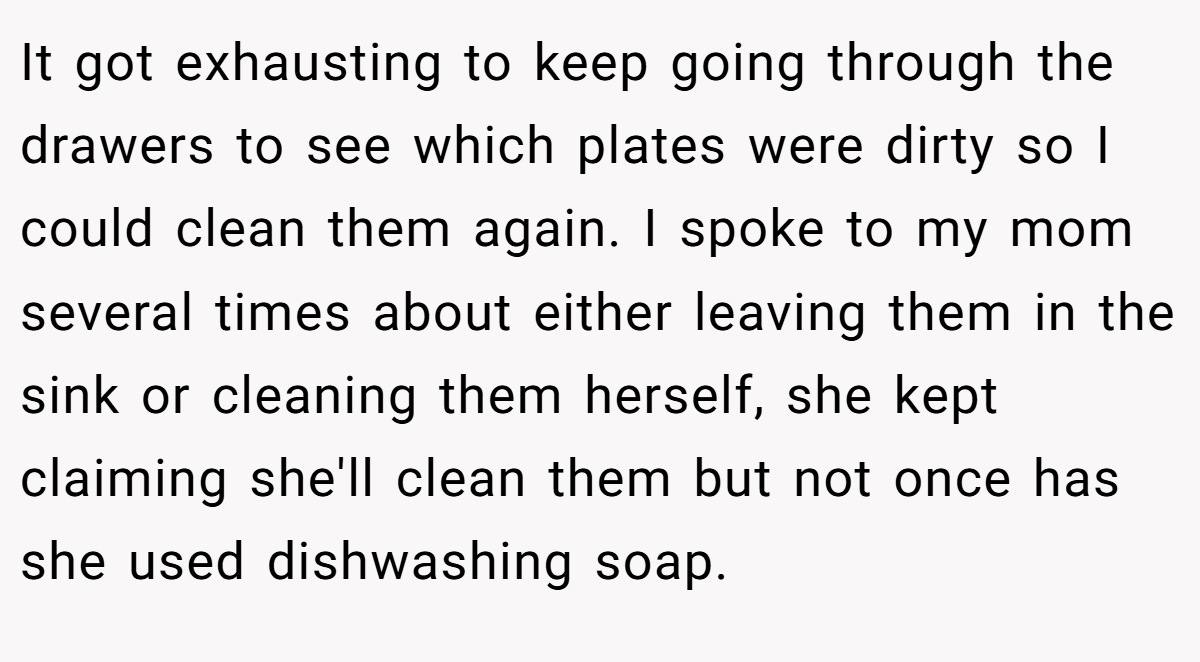 It got exhausting to keep going through the drawers to see which plates were dirty so I could clean them again. I spoke to my mom several times about either leaving them in the sink or cleaning them herself, she kept claiming she'll clean them but not once has she used dishwashing soap.