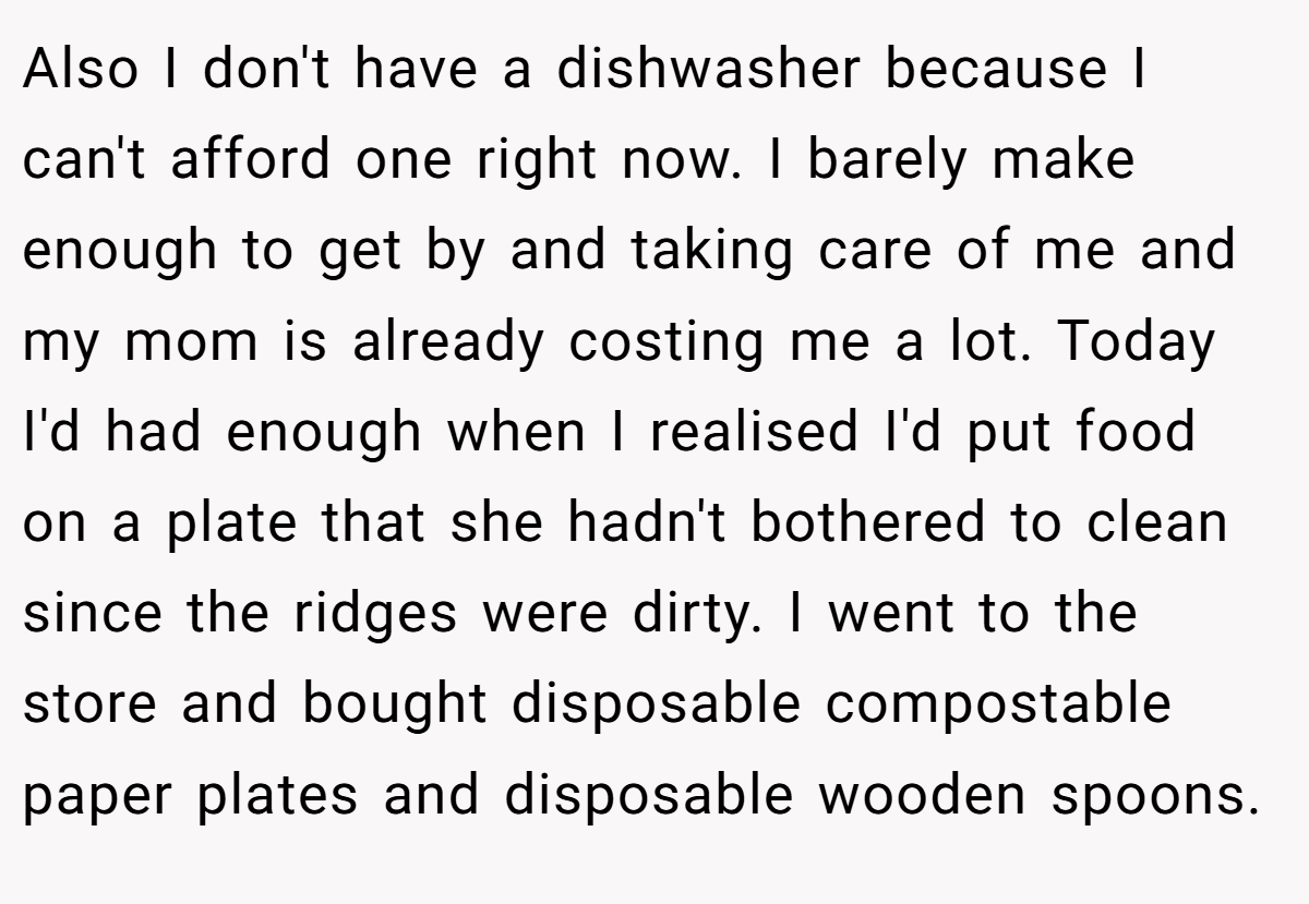 Also I don't have a dishwasher because I can't afford one right now. I barely make enough to get by and taking care of me and my mom is already costing me a lot. Today I'd had enough when I realised I'd put food on a plate that she hadn't bothered to clean since the ridges were dirty. I went to the store and bought disposable compostable paper plates and disposable wooden spoons.