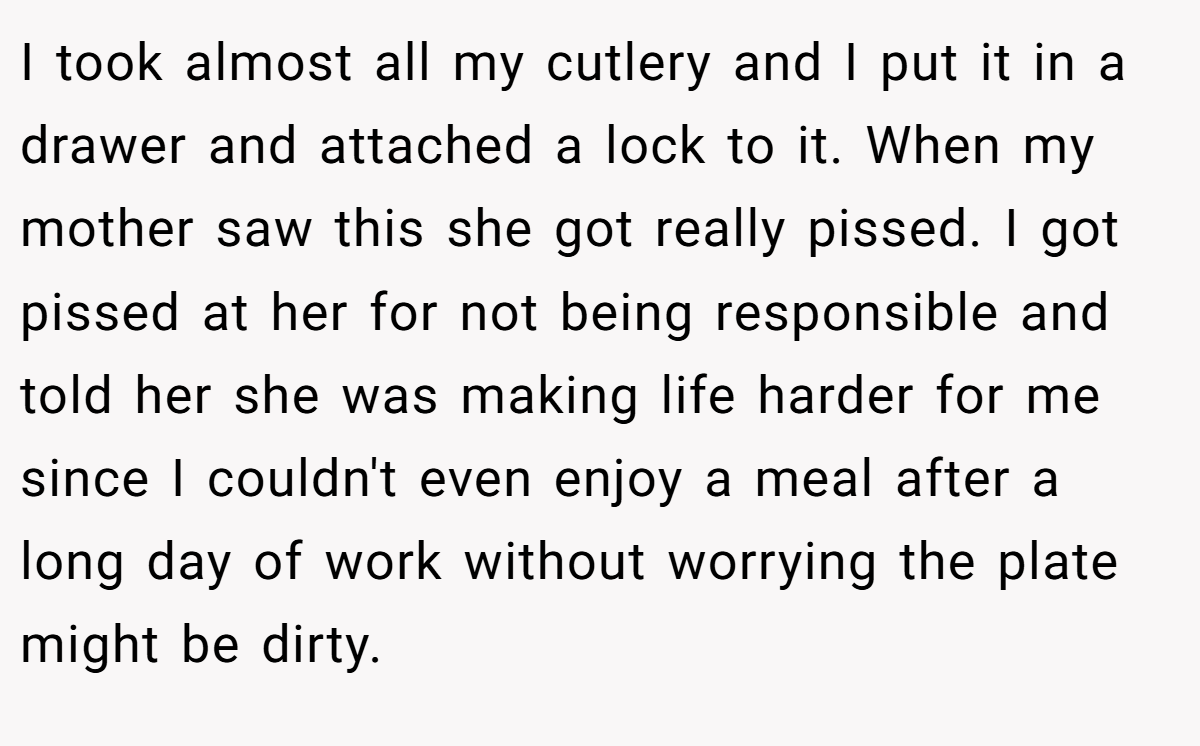 I took almost all my cutlery and I put it in a drawer and attached a lock to it. When my mother saw this she got really pissed. I got pissed at her for not being responsible and told her she was making life harder for me since I couldn't even enjoy a meal after a long day of work without worrying the plate might be dirty.