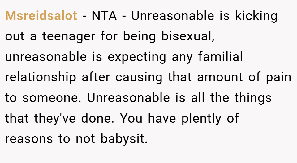 Msreidsalot − NTA - Unreasonable is kicking out a teenager for being bisexual, unreasonable is expecting any familial relationship after causing that amount of pain to someone. Unreasonable is all the things that they've done. You have plently of reasons to not babysit.