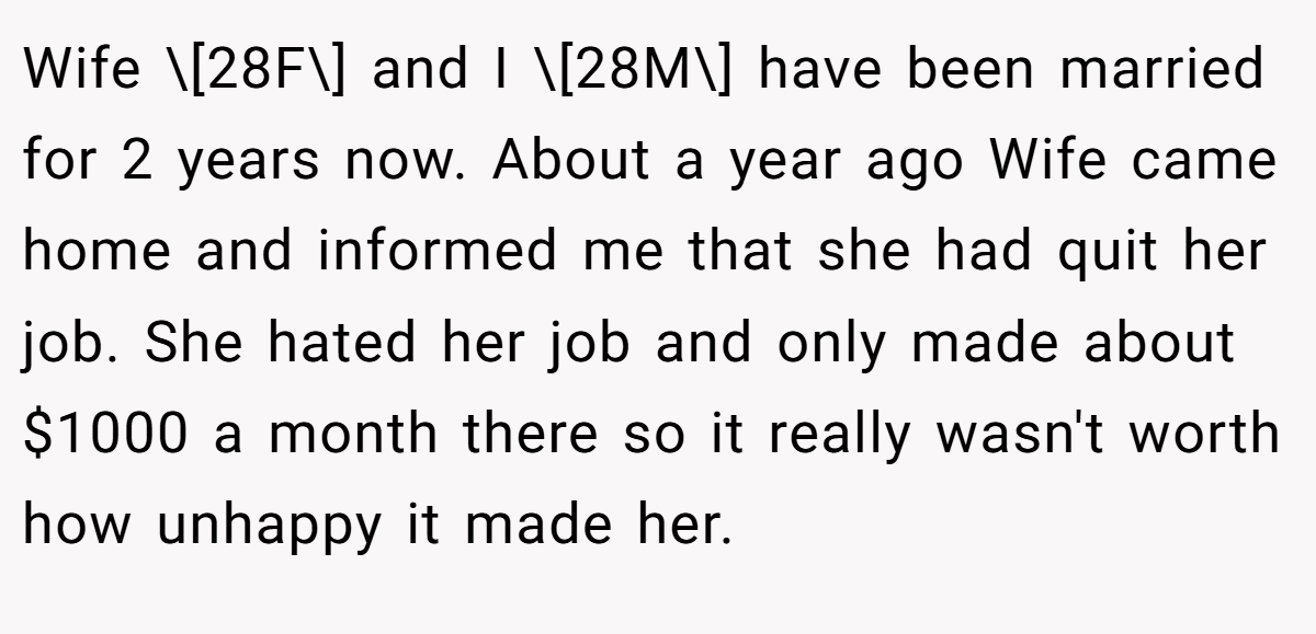 Wife \[28F\] and I \[28M\] have been married for 2 years now. About a year ago Wife came home and informed me that she had quit her job. She hated her job and only made about $1000 a month there so it really wasn't worth how unhappy it made her.