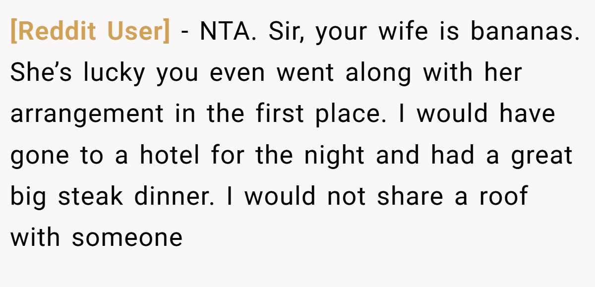 [Reddit User] - NTA. Sir, your wife is bananas. She’s lucky you even went along with her arrangement in the first place. I would have gone to a hotel for the night and had a great big steak dinner. I would not share a roof with someone