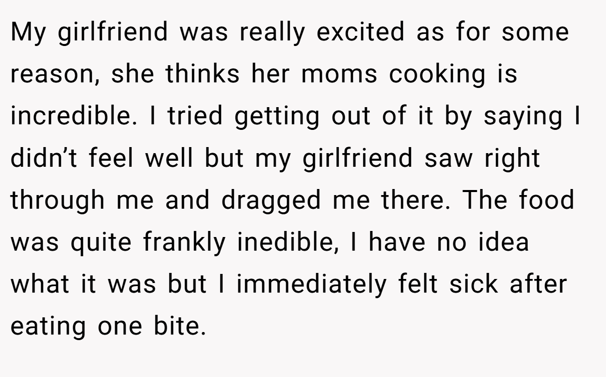 My girlfriend was really excited as for some reason, she thinks her moms cooking is incredible. I tried getting out of it by saying I didn’t feel well but my girlfriend saw right through me and dragged me there. The food was quite frankly inedible, I have no idea what it was but I immediately felt sick after eating one bite.