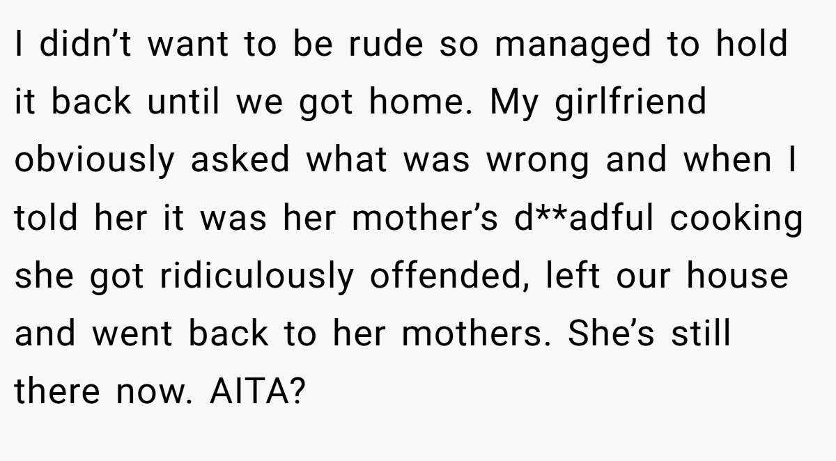 I didn’t want to be rude so managed to hold it back until we got home. My girlfriend obviously asked what was wrong and when I told her it was her mother’s d**adful cooking she got ridiculously offended, left our house and went back to her mothers. She’s still there now. AITA?