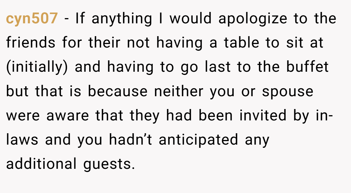 cyn507 − If anything I would apologize to the friends for their not having a table to sit at (initially) and having to go last to the buffet but that is because neither you or spouse were aware that they had been invited by in-laws and you hadn’t anticipated any additional guests.