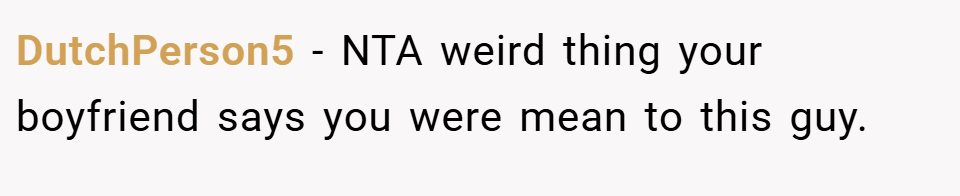 DutchPerson5 − NTA weird thing your boyfriend says you were mean to this guy.