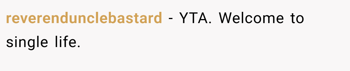reverendunclebastard − YTA. Welcome to single life.
