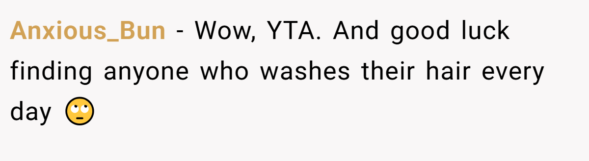 Anxious_Bun − Wow, YTA. And good luck finding anyone who washes their hair every day 🙄