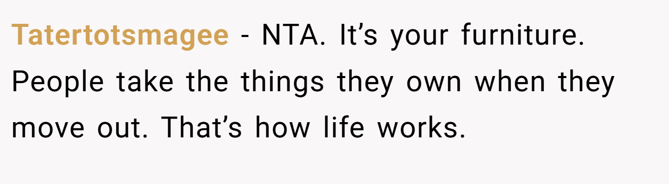 Tatertotsmagee − NTA. It’s your furniture. People take the things they own when they move out. That’s how life works.