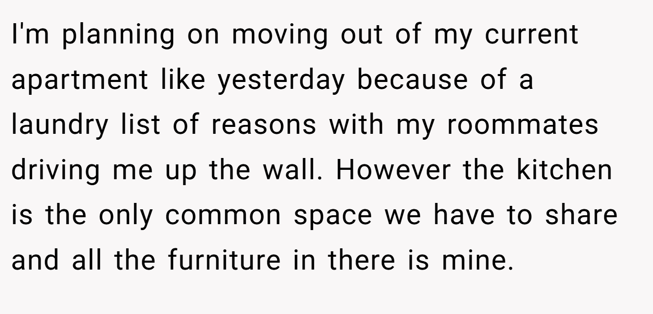 I'm planning on moving out of my current apartment like yesterday because of a laundry list of reasons with my roommates driving me up the wall. However the kitchen is the only common space we have to share and all the furniture in there is mine.