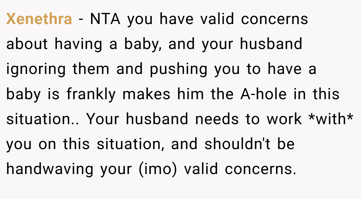 Xenethra − NTA you have valid concerns about having a baby, and your husband ignoring them and pushing you to have a baby is frankly makes him the A-hole in this situation.. Your husband needs to work *with* you on this situation, and shouldn't be handwaving your (imo) valid concerns.