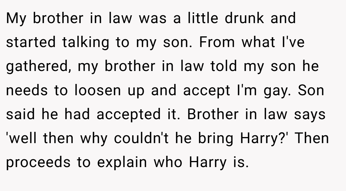 My brother in law was a little drunk and started talking to my son. From what I've gathered, my brother in law told my son he needs to loosen up and accept I'm gay. Son said he had accepted it. Brother in law says 'well then why couldn't he bring Harry?' Then proceeds to explain who Harry is.