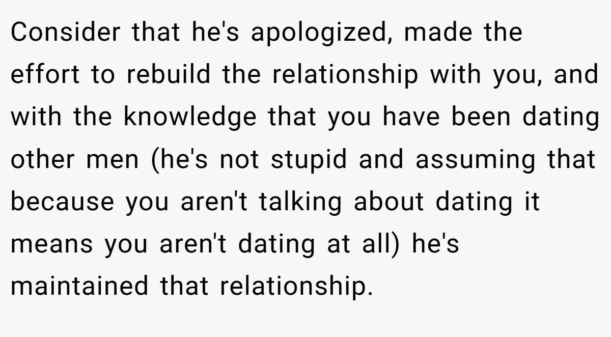 Consider that he's apologized, made the effort to rebuild the relationship with you, and with the knowledge that you have been dating other men (he's not stupid and assuming that because you aren't talking about dating it means you aren't dating at all) he's maintained that relationship.