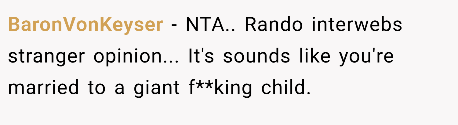 BaronVonKeyser − NTA.. Rando interwebs stranger opinion... It's sounds like you're married to a giant f**king child.