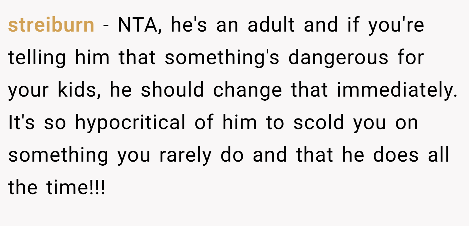 streiburn − NTA, he's an adult and if you're telling him that something's dangerous for your kids, he should change that immediately. It's so hypocritical of him to scold you on something you rarely do and that he does all the time!!!