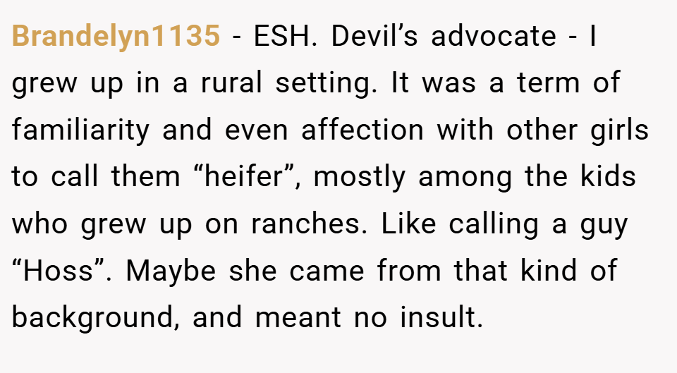 Brandelyn1135 − ESH. Devil’s advocate - I grew up in a rural setting. It was a term of familiarity and even affection with other girls to call them “heifer”, mostly among the kids who grew up on ranches. Like calling a guy “Hoss”. Maybe she came from that kind of background, and meant no insult.