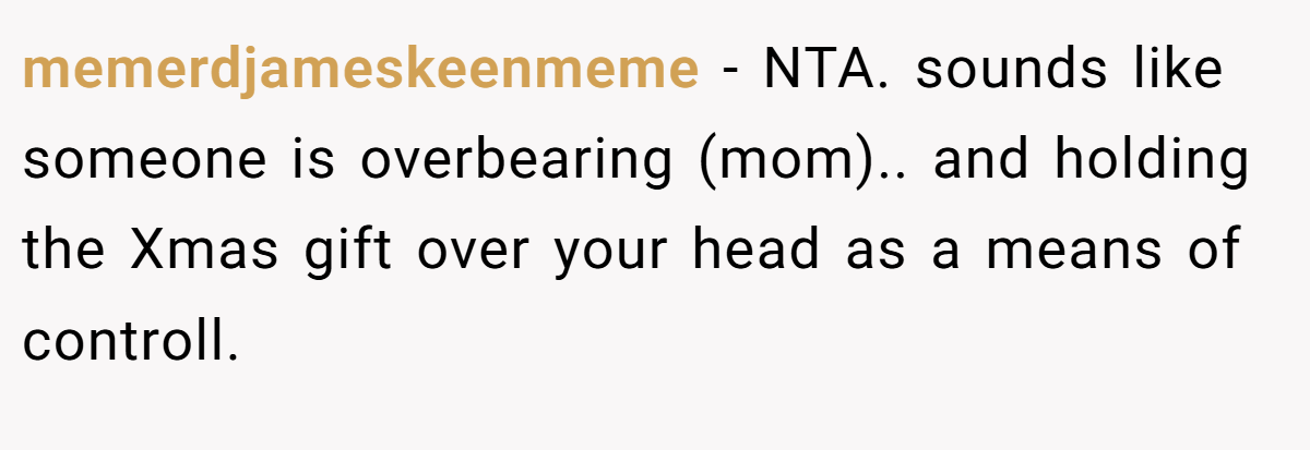 memerdjameskeenmeme − NTA. sounds like someone is overbearing (mom).. and holding the Xmas gift over your head as a means of controll.