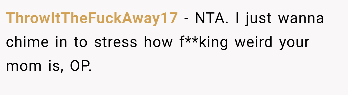 ThrowItTheFuckAway17 − NTA. I just wanna chime in to stress how f**king weird your mom is, OP.