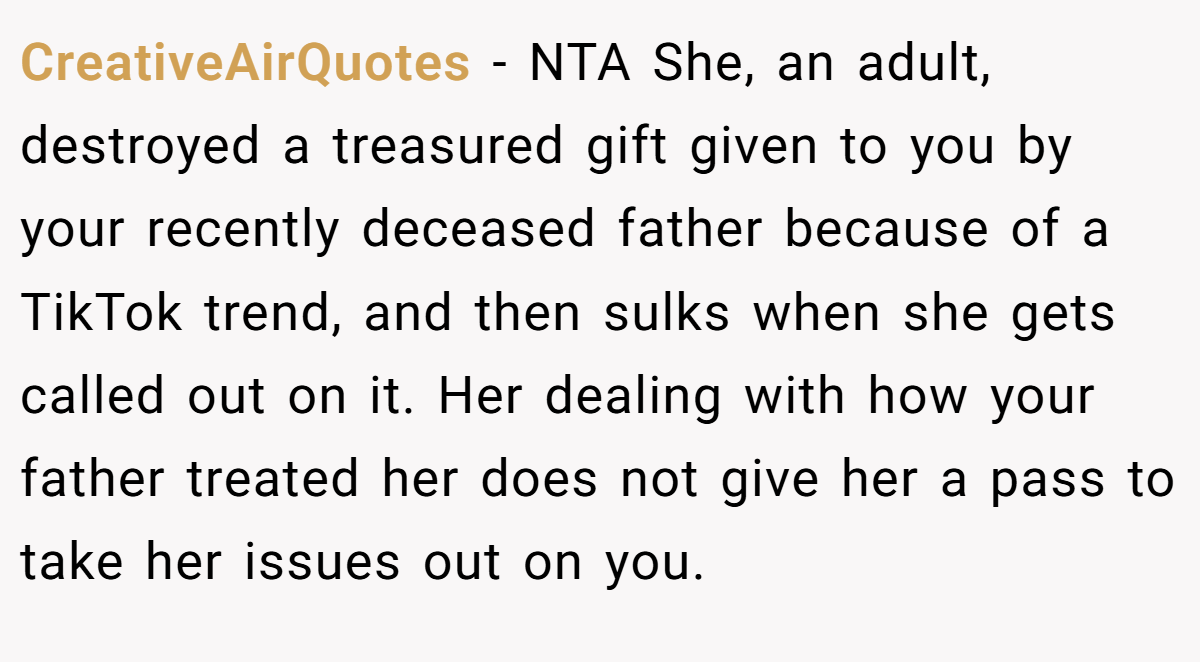 CreativeAirQuotes − NTA She, an adult, destroyed a treasured gift given to you by your recently deceased father because of a TikTok trend, and then sulks when she gets called out on it. Her dealing with how your father treated her does not give her a pass to take her issues out on you.