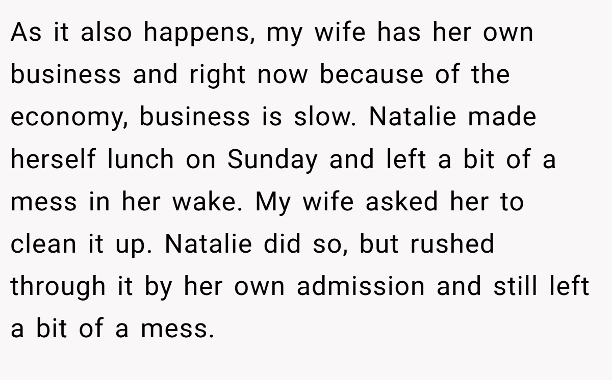 As it also happens, my wife has her own business and right now because of the economy, business is slow. Natalie made herself lunch on Sunday and left a bit of a mess in her wake. My wife asked her to clean it up. Natalie did so, but rushed through it by her own admission and still left a bit of a mess.