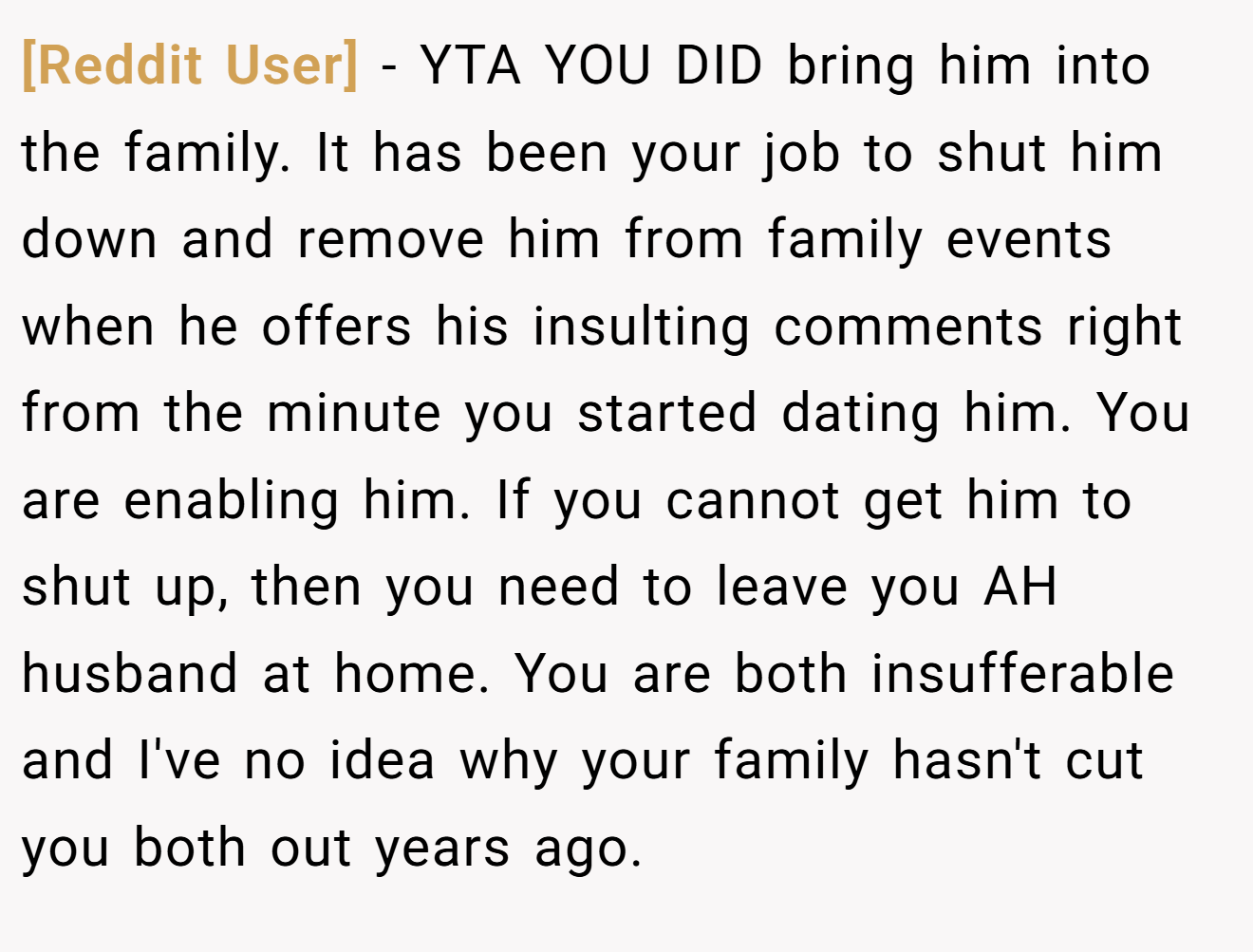 [Reddit User] - YTA YOU DID bring him into the family. It has been your job to shut him down and remove him from family events when he offers his insulting comments right from the minute you started dating him. You are enabling him. If you cannot get him to shut up, then you need to leave you AH husband at home. You are both insufferable and I've no idea why your family hasn't cut you both out years ago.
