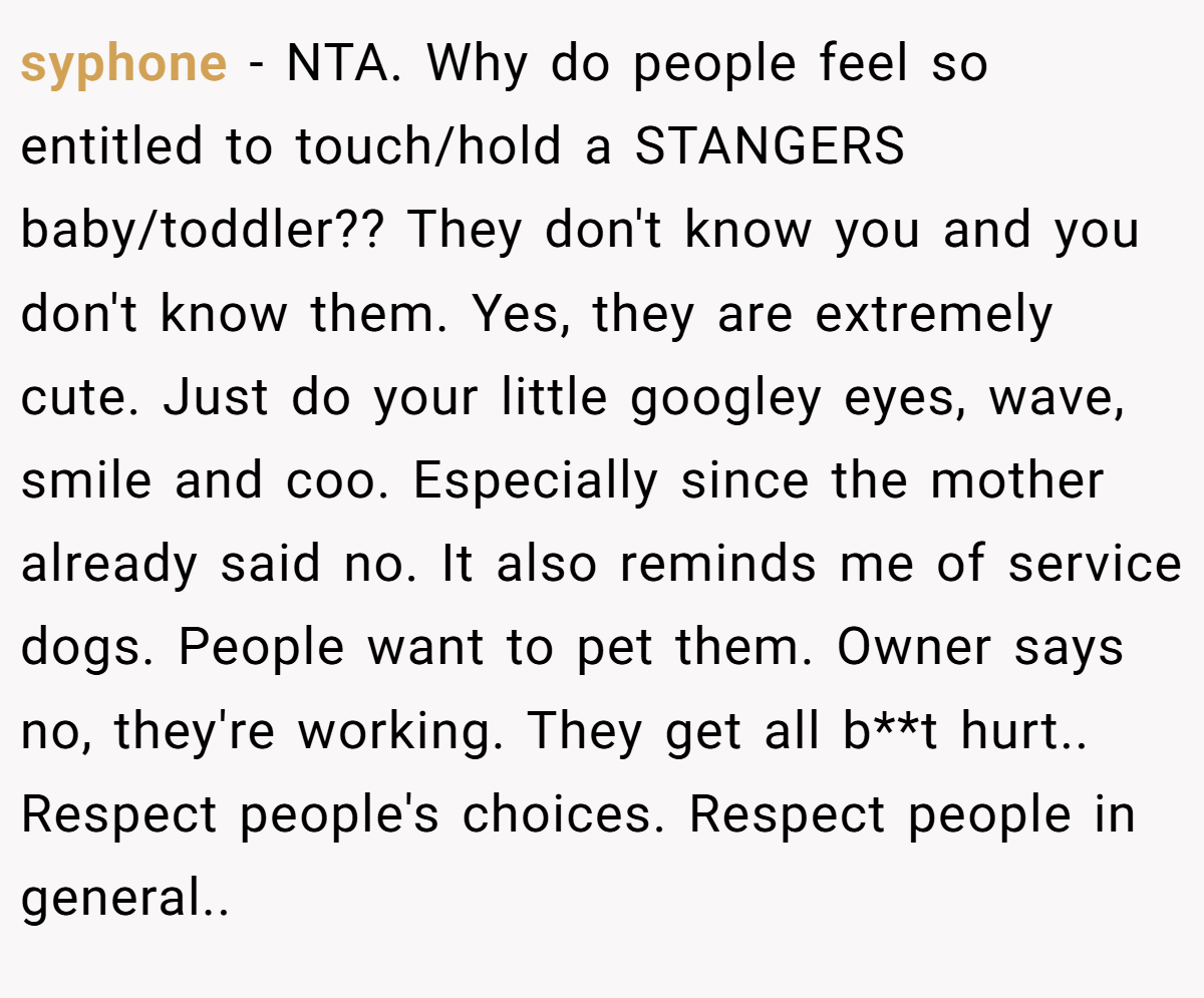syphone − NTA. Why do people feel so entitled to touch/hold a STANGERS baby/toddler?? They don't know you and you don't know them. Yes, they are extremely cute. Just do your little googley eyes, wave, smile and coo. Especially since the mother already said no. It also reminds me of service dogs. People want to pet them. Owner says no, they're working. They get all b**t hurt.. Respect people's choices. Respect people in general..