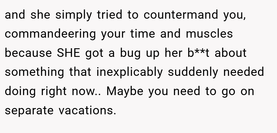 and she simply tried to countermand you, commandeering your time and muscles because SHE got a bug up her b**t about something that inexplicably suddenly needed doing right now.. Maybe you need to go on separate vacations.