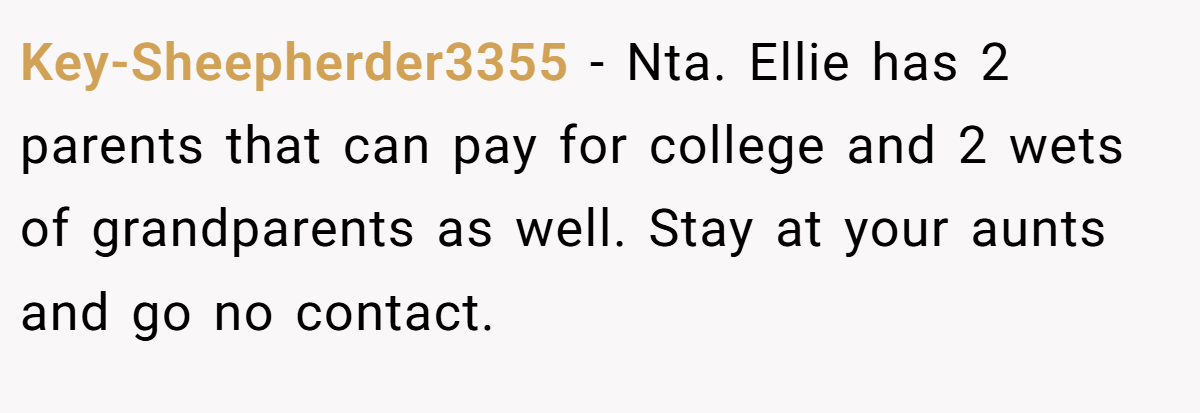 Key-Sheepherder3355 − Nta. Ellie has 2 parents that can pay for college and 2 wets of grandparents as well. Stay at your aunts and go no contact.