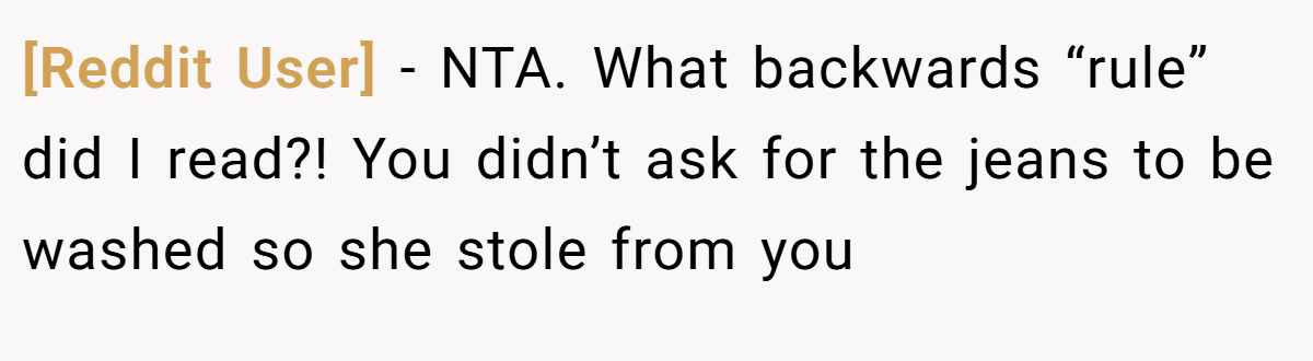 [Reddit User] - NTA. What backwards “rule” did I read?! You didn’t ask for the jeans to be washed so she stole from you