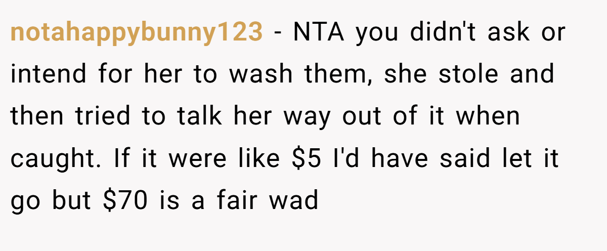 notahappybunny123 - NTA you didn't ask or intend for her to wash them, she stole and then tried to talk her way out of it when caught. If it were like $5 I'd have said let it go but $70 is a fair wad