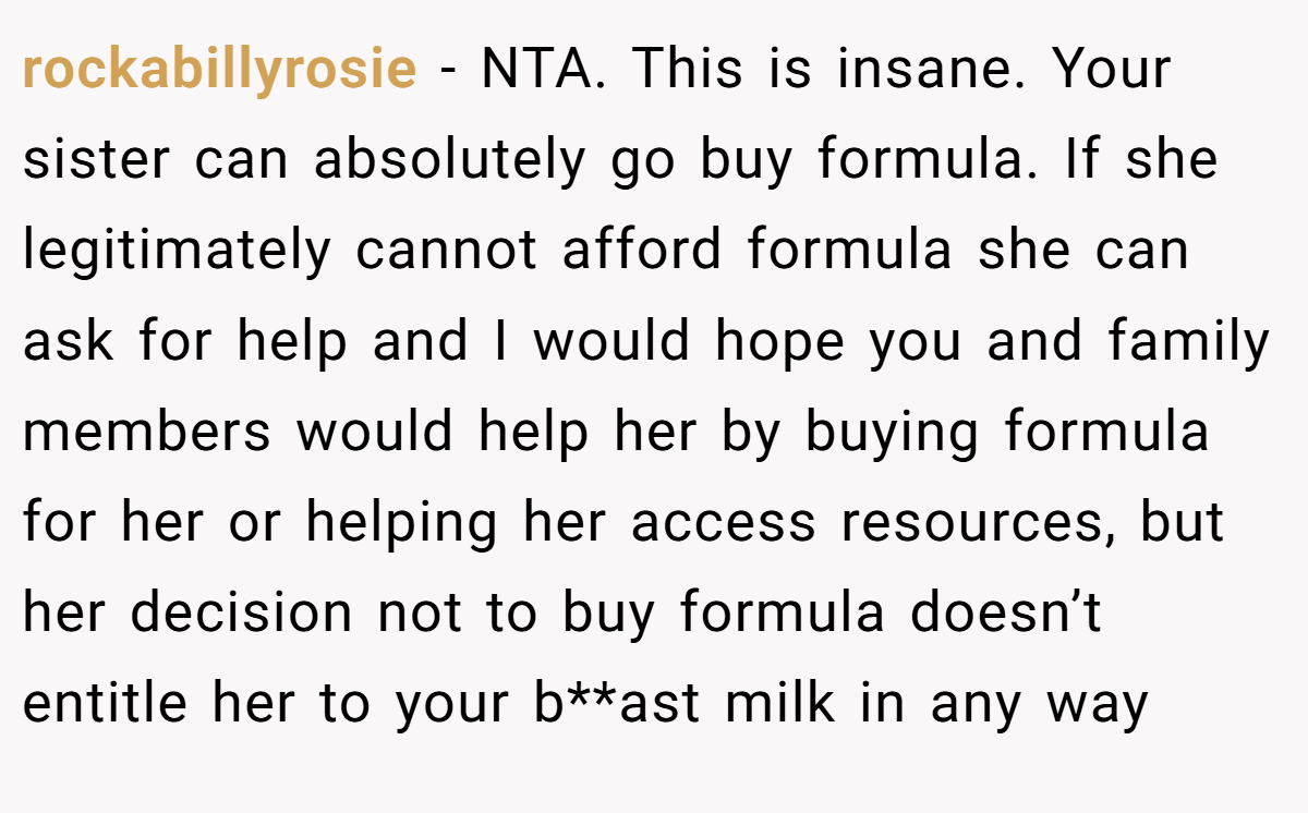 rockabillyrosie − NTA. This is insane. Your sister can absolutely go buy formula. If she legitimately cannot afford formula she can ask for help and I would hope you and family members would help her by buying formula for her or helping her access resources, but her decision not to buy formula doesn’t entitle her to your b**ast milk in any way