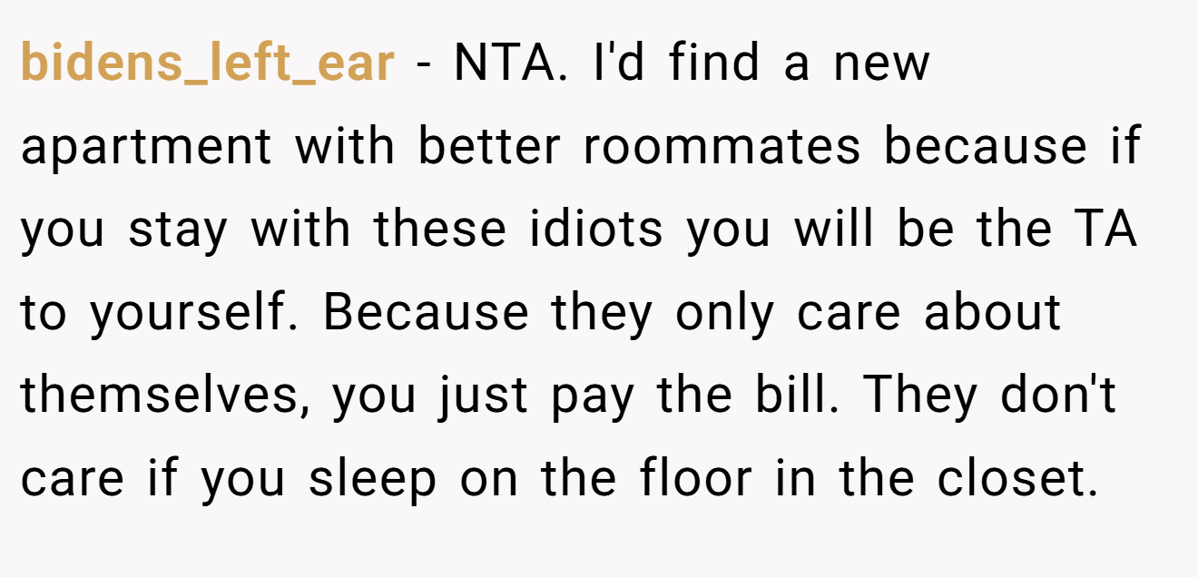 bidens_left_ear - NTA. I'd find a new apartment with better roommates because if you stay with these idiots you will be the TA to yourself. Because they only care about themselves, you just pay the bill. They don't care if you sleep on the floor in the closet.