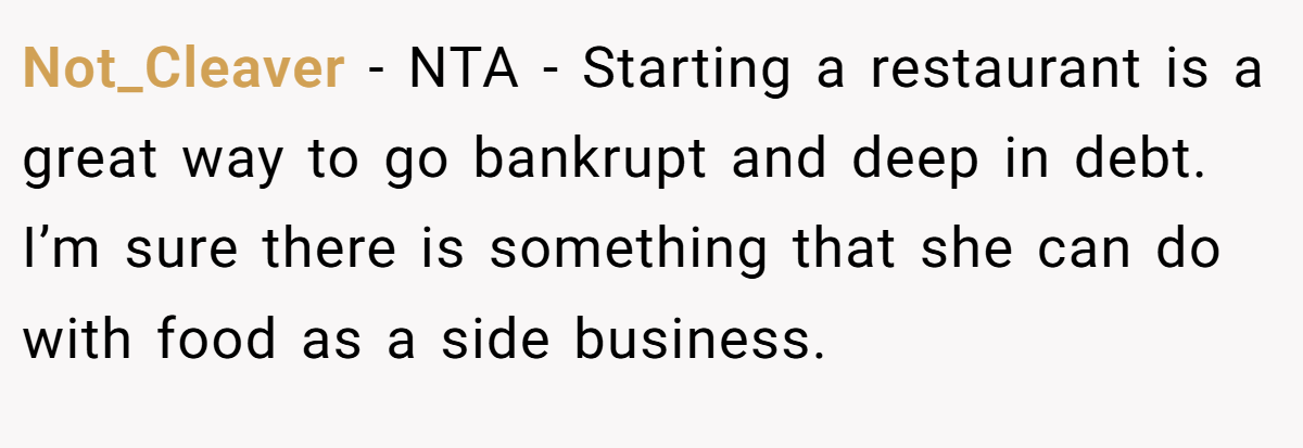 Not_Cleaver − NTA - Starting a restaurant is a great way to go bankrupt and deep in debt. I’m sure there is something that she can do with food as a side business.