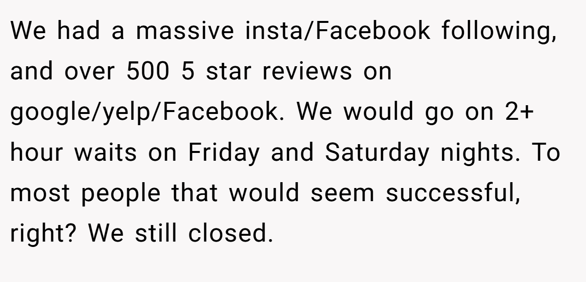 We had a massive insta/Facebook following, and over 500 5 star reviews on google/yelp/Facebook. We would go on 2+ hour waits on Friday and Saturday nights. To most people that would seem successful, right? We still closed.