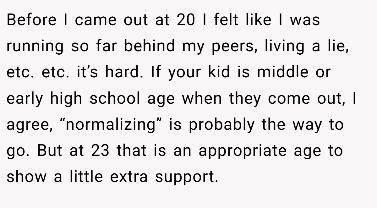 Before I came out at 20 I felt like I was running so far behind my peers, living a lie, etc. etc. it’s hard. If your kid is middle or early high school age when they come out, I agree, “normalizing” is probably the way to go. But at 23 that is an appropriate age to show a little extra support.