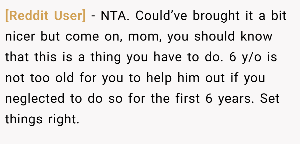 [Reddit User] − NTA. Could’ve brought it a bit nicer but come on, mom, you should know that this is a thing you have to do. 6 y/o is not too old for you to help him out if you neglected to do so for the first 6 years. Set things right.