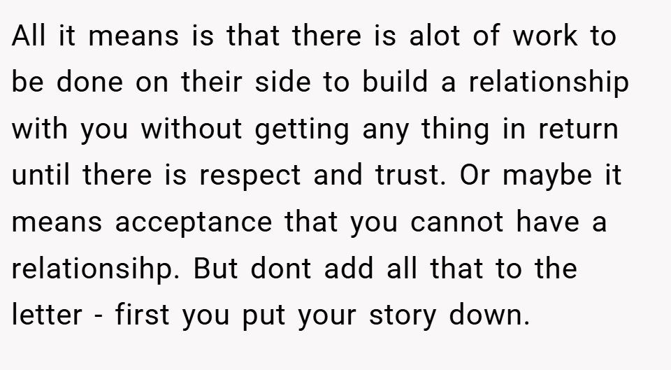All it means is that there is alot of work to be done on their side to build a relationship with you without getting any thing in return until there is respect and trust. Or maybe it means acceptance that you cannot have a relationsihp. But dont add all that to the letter - first you put your story down.