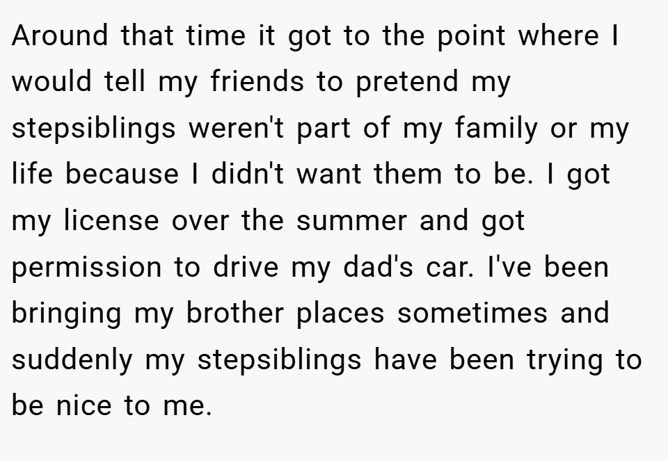 Around that time it got to the point where I would tell my friends to pretend my stepsiblings weren't part of my family or my life because I didn't want them to be. I got my license over the summer and got permission to drive my dad's car. I've been bringing my brother places sometimes and suddenly my stepsiblings have been trying to be nice to me.